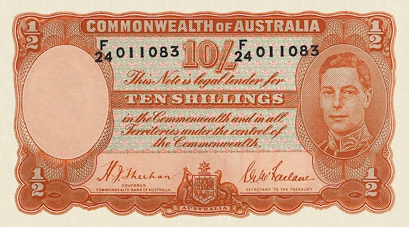 Australia banknotes, King George VI, Commonwealth Bank, 10 Shillings, 1938, Pick P-25, UNC