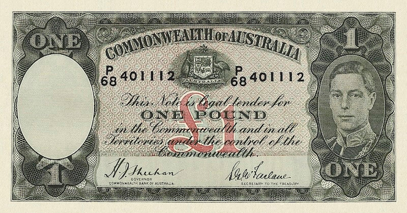 Australia banknotes, King George VI, Commonwealth Bank, £1 Pound, 1938, Pick P-26, UNC
