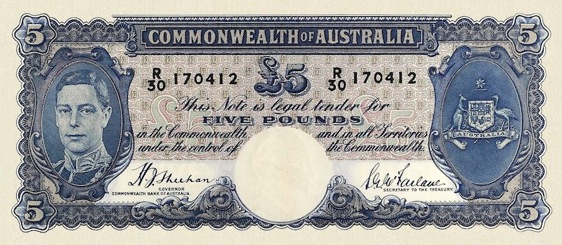 Australia banknotes, King George VI, Commonwealth Bank, £5 Pounds, 1938, Pick P-27, UNC