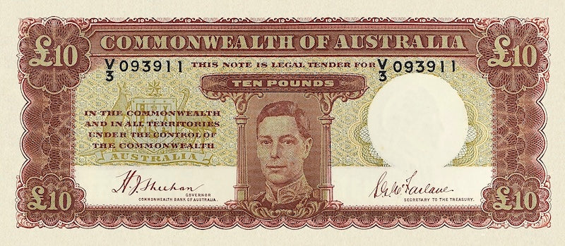 Australia banknotes, King George VI, Commonwealth Bank, £10 Pounds, 1938, Pick P-28, UNC