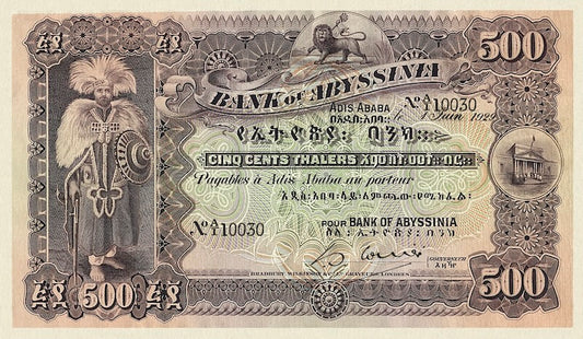 Ethiopia banknotes, Bank of Abyssinia, 500 Thalers, 1915, Pick P-5, UNC