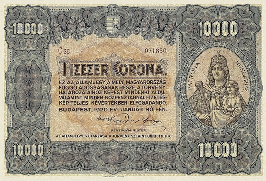 Hungary banknote, Pénzügyminisztérium, 10000 Korona, 1922, Pick P-68, UNC