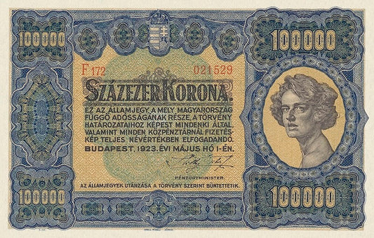 Hungary banknote, Pénzügyminisztérium, 100000 Korona, 1923, Pick P-72, UNC