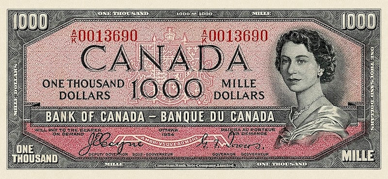 Shop banknote of Canada, the Devil's Face, Queen Elizabeth II (QEII), 1000 Dollars, 1954, Pick P-73, UNC